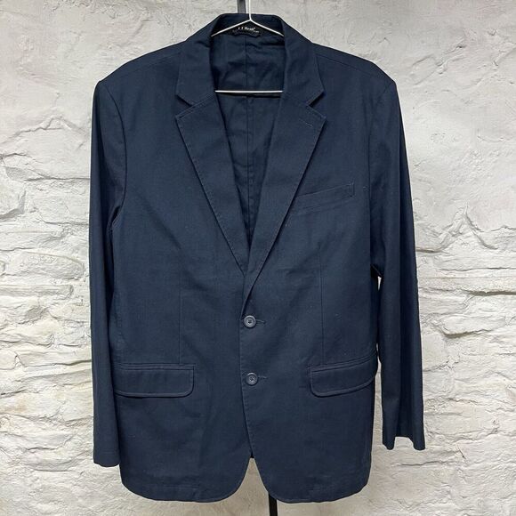 LL Bean Jacket Blue Canvas Cotton Sport Coat Blazer Elbow Patches Navy School - Picture 1 of 14